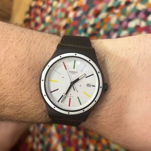 Black & rainbow SWATCH Sistem 51 unisex watch open cased back adjustable strap